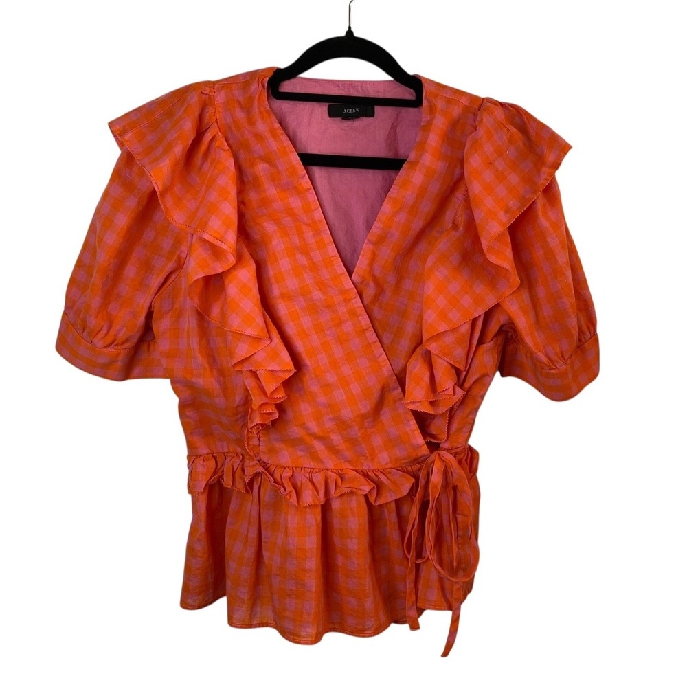 J. Crew Orange Pink Gingham Wrap Ruffle Peplum Top Blouse Women Size Small